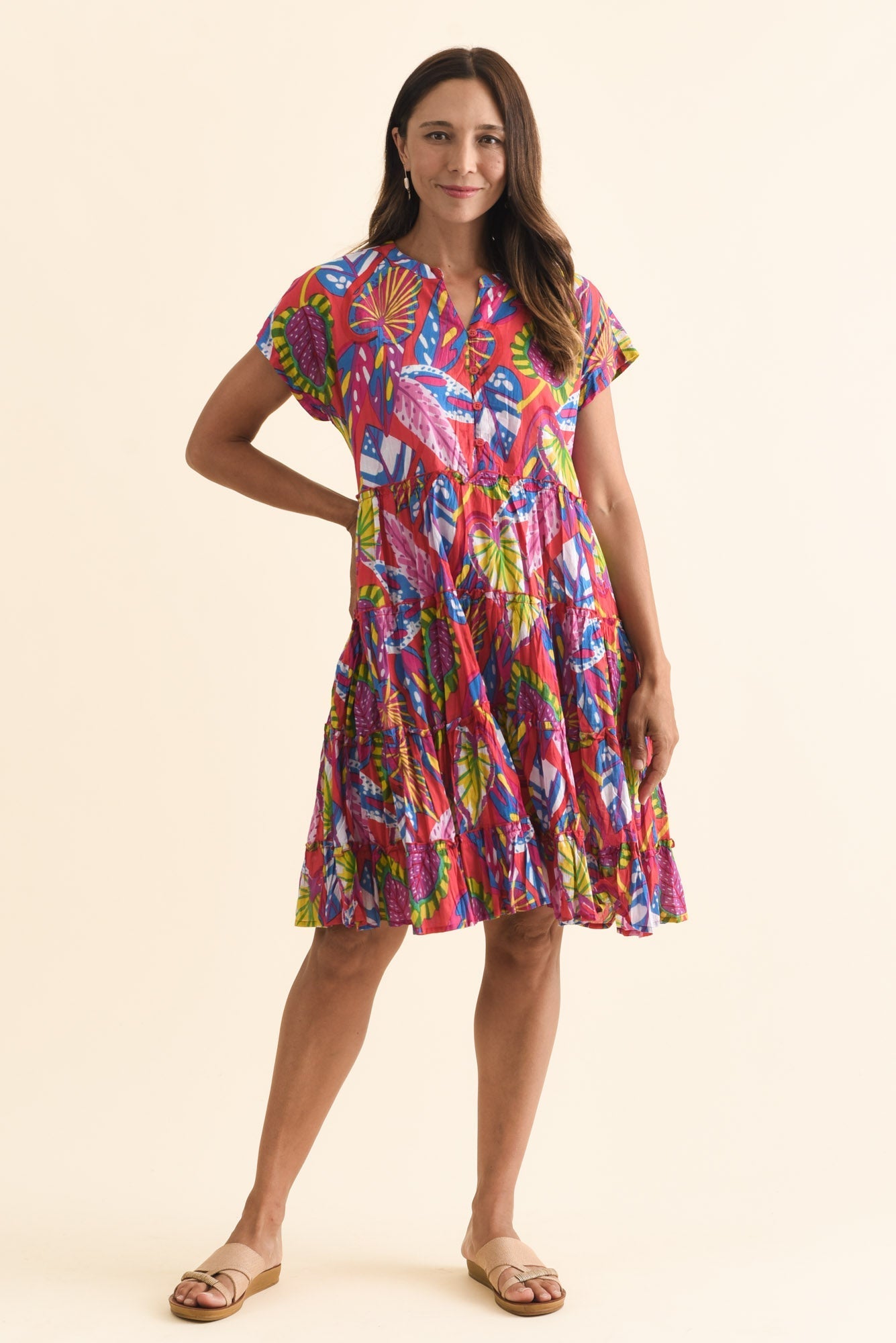 Kaylee Orange Tropical Crinkle Cotton Dress Front View