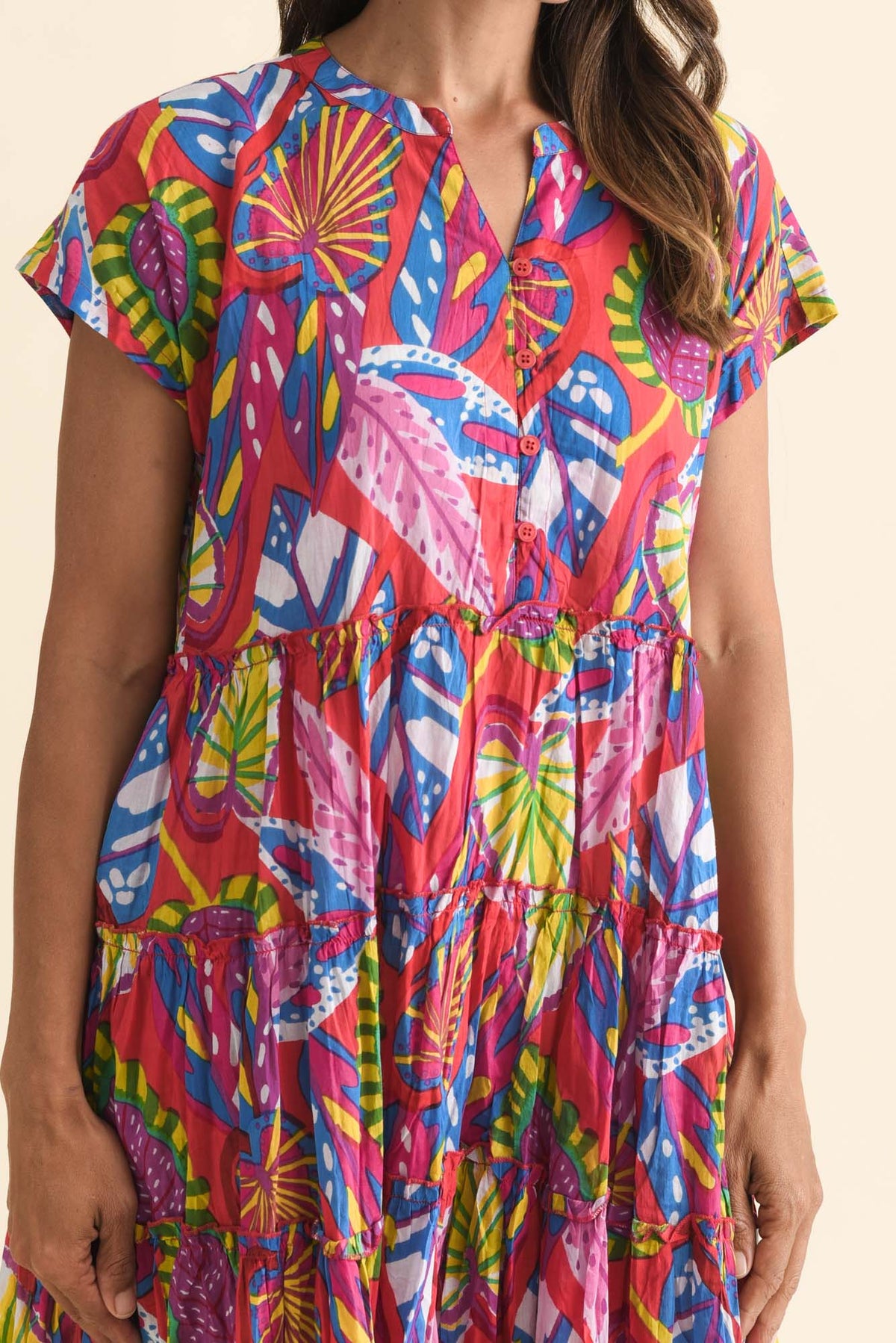 Kaylee Orange Tropical Crinkle Cotton Dress Detail View