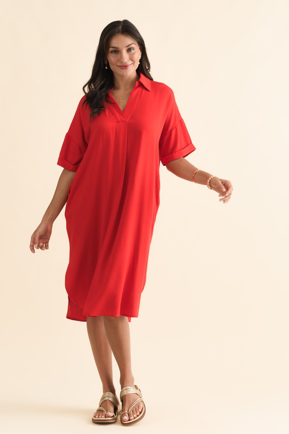 Kazi Red Shirt Dress Full Length View