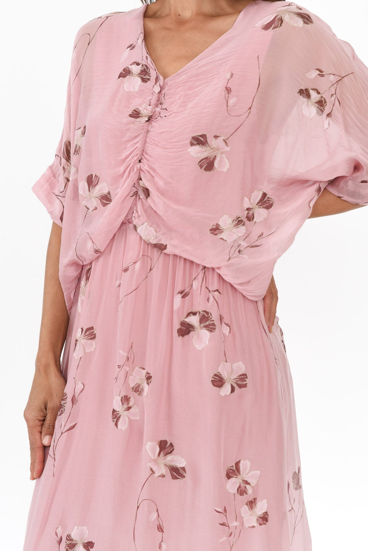 Kerry Pink Floral Silk Gathered Dress Detail View
