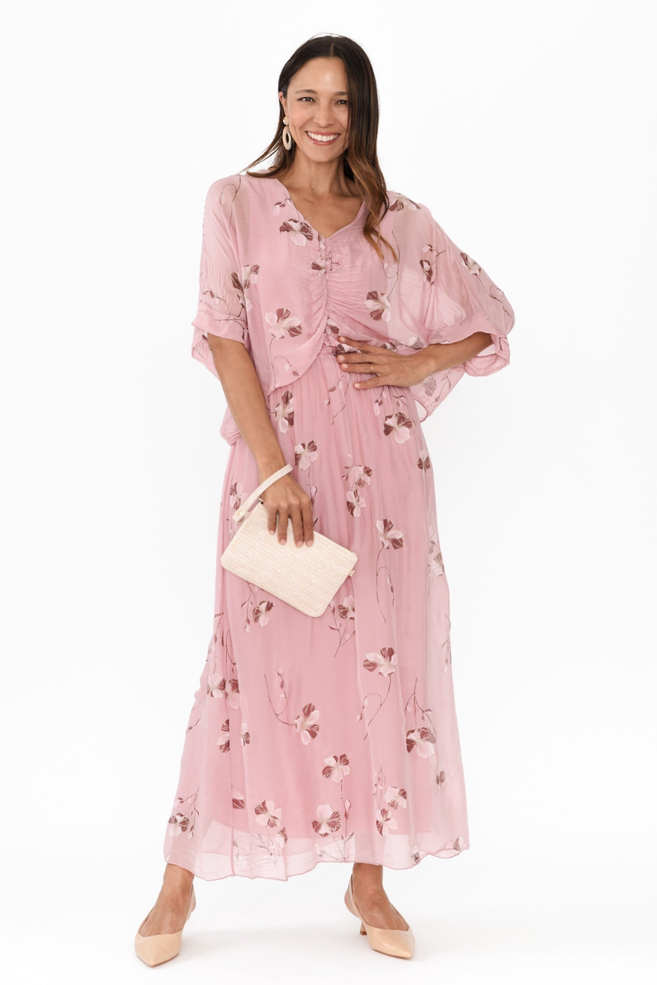 Kerry Pink Floral Silk Gathered Dress Front View 2