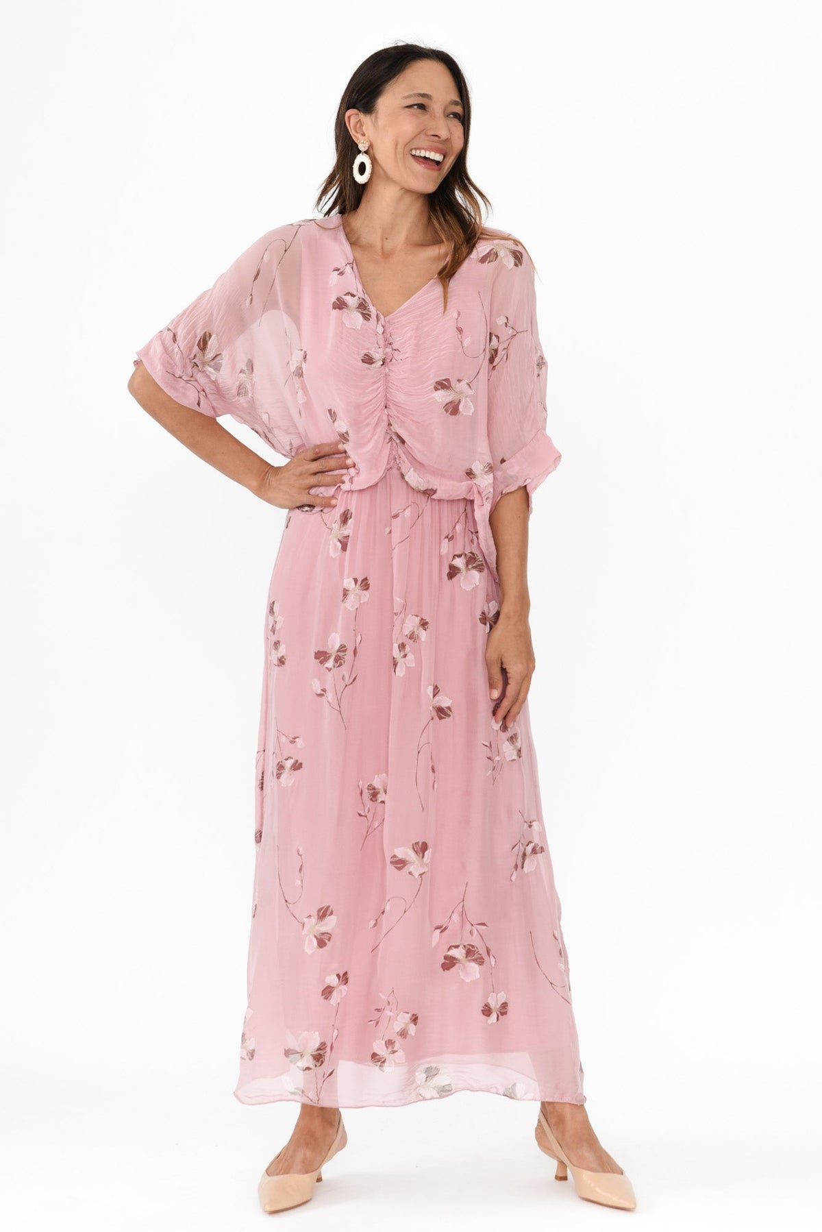 Kerry Pink Floral Silk Gathered Dress Full Length View