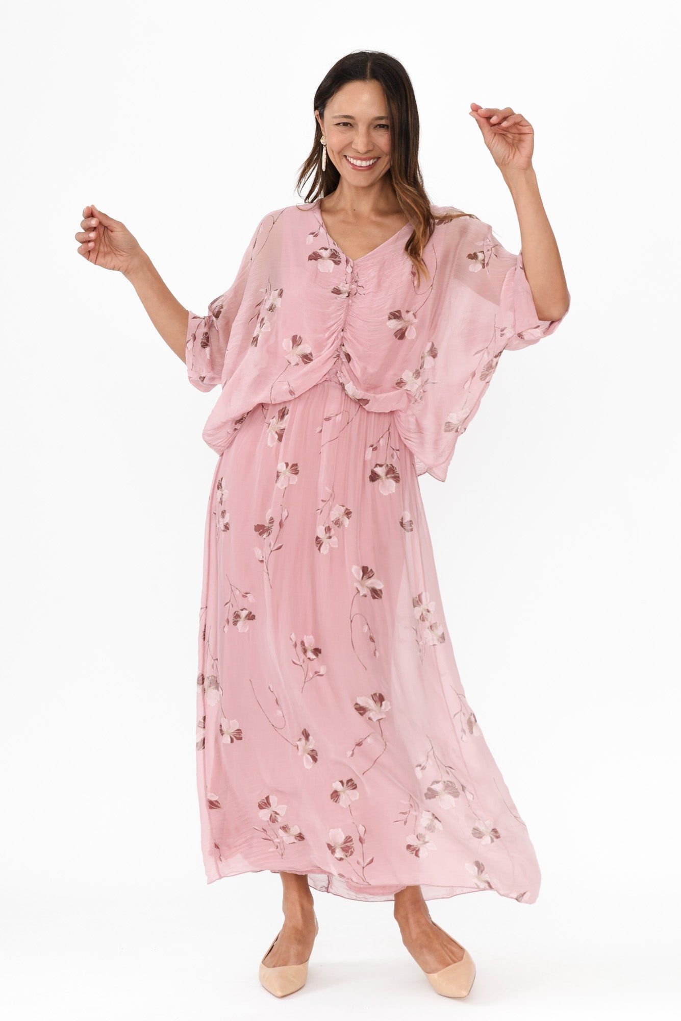 Kerry Pink Floral Silk Gathered Dress Front View