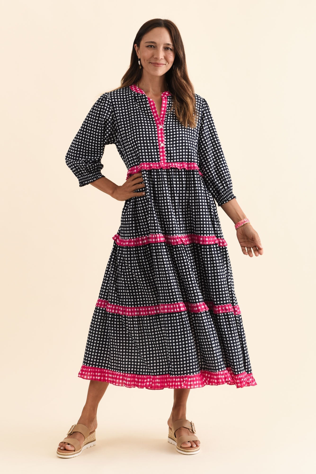 Kesia Navy Spot Cotton Tier Dress Front View 2