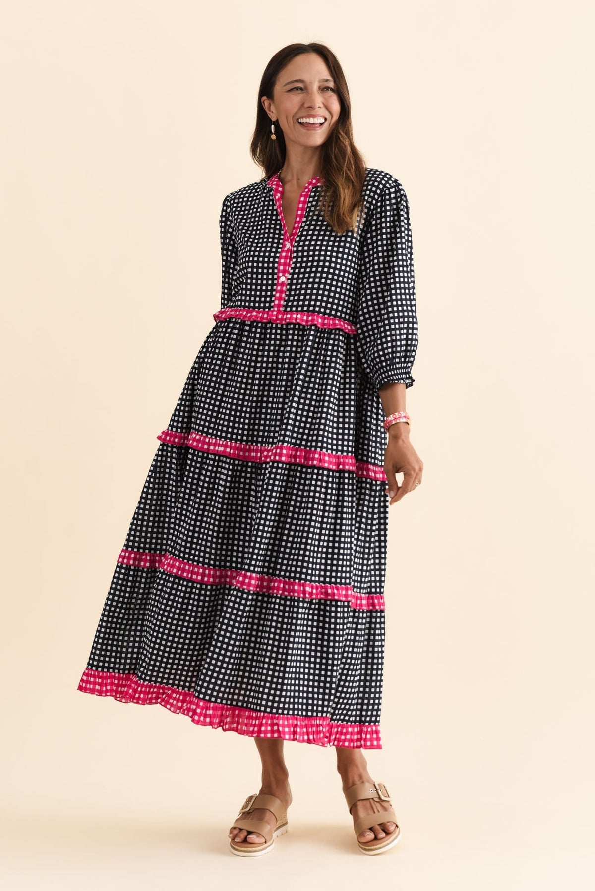 Kesia Navy Spot Cotton Tier Dress Full Length View