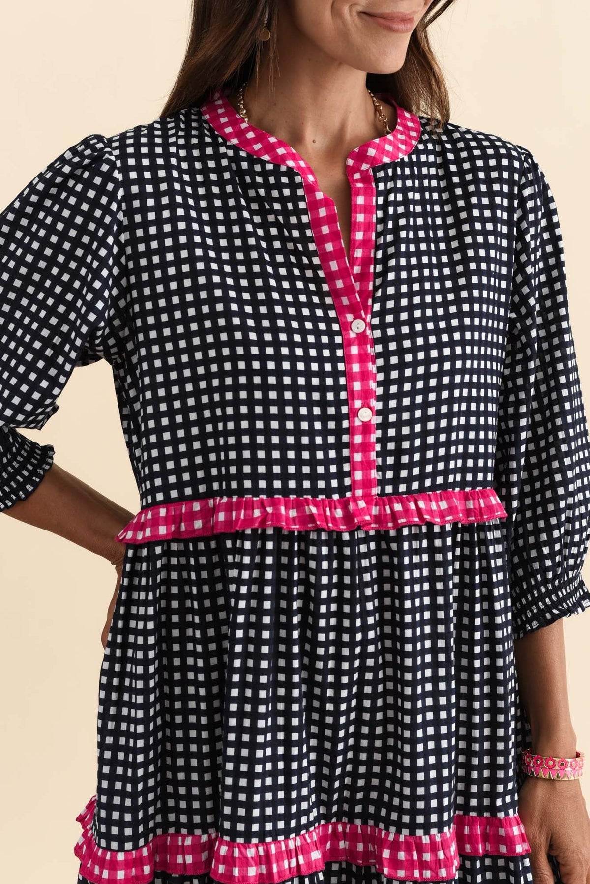 Kesia Navy Spot Cotton Tier Dress Detail View