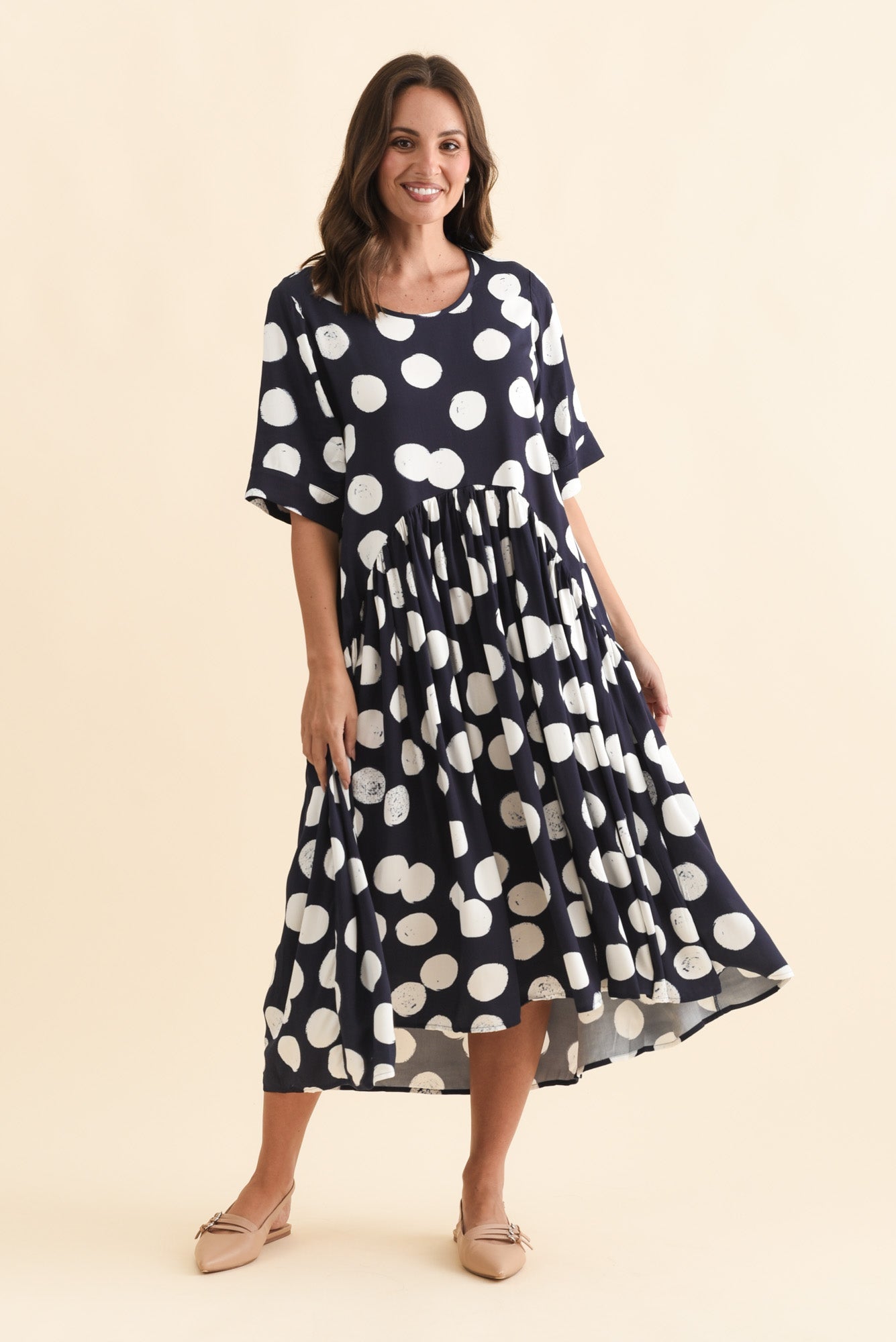 Kiana Navy Spot Peak Dress Back View
