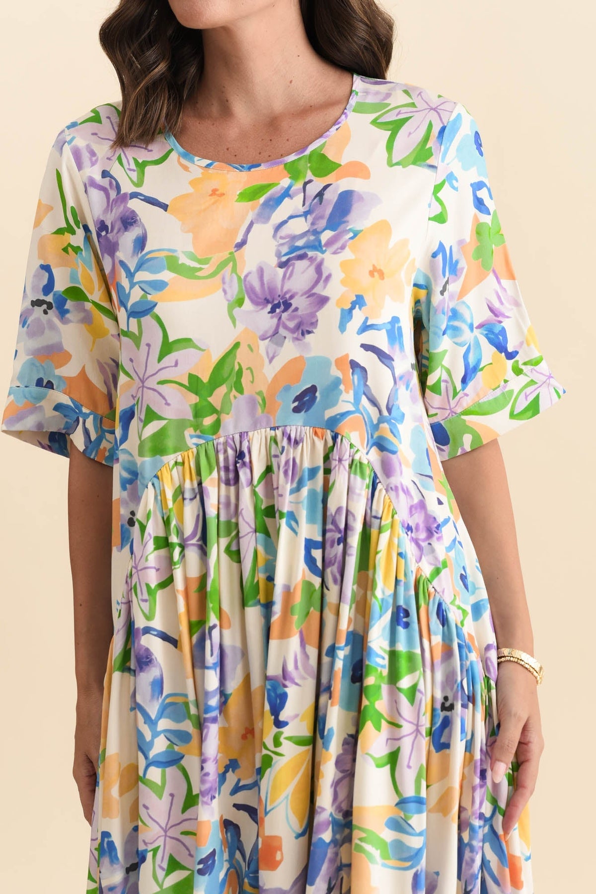 Kiana Purple Floral Peak Dress Full Length View