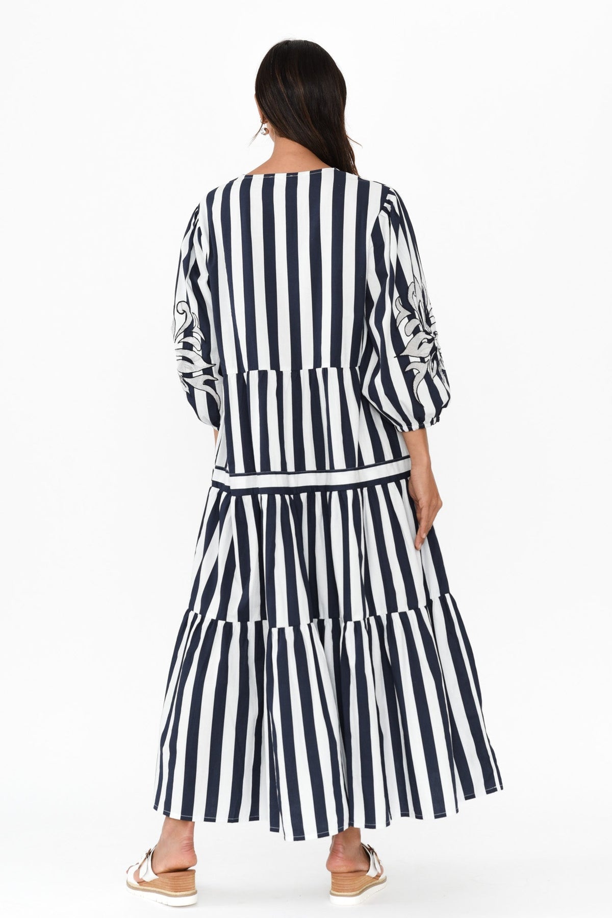 Kora Navy Stripe Cotton Poplin Tie Dress Side View