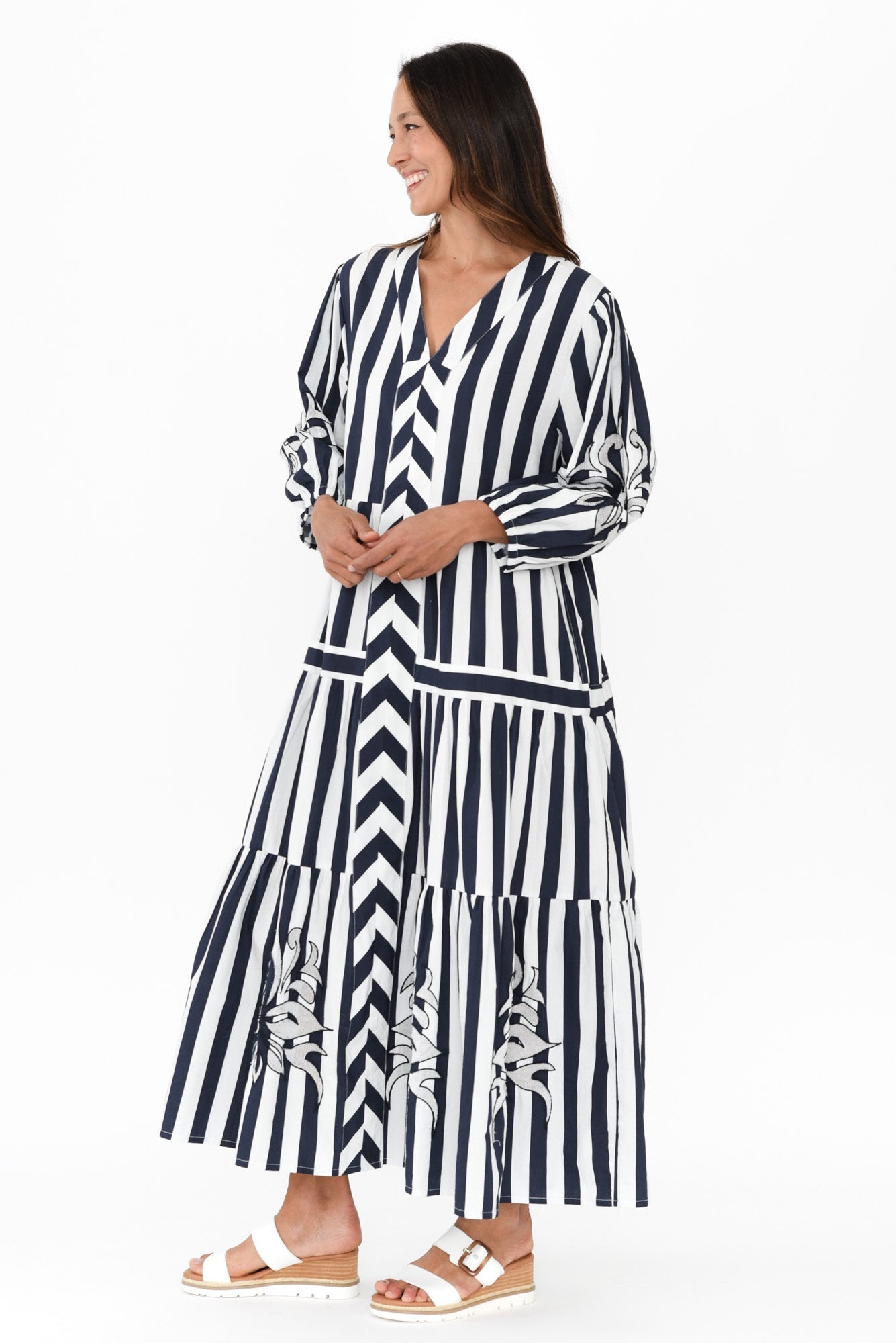 Kora Navy Stripe Cotton Poplin Tie Dress Back View