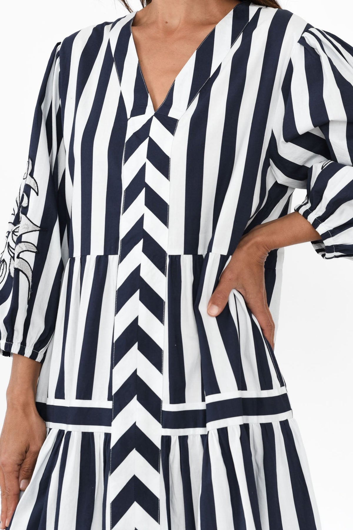 Kora Navy Stripe Cotton Poplin Tie Dress Detail View