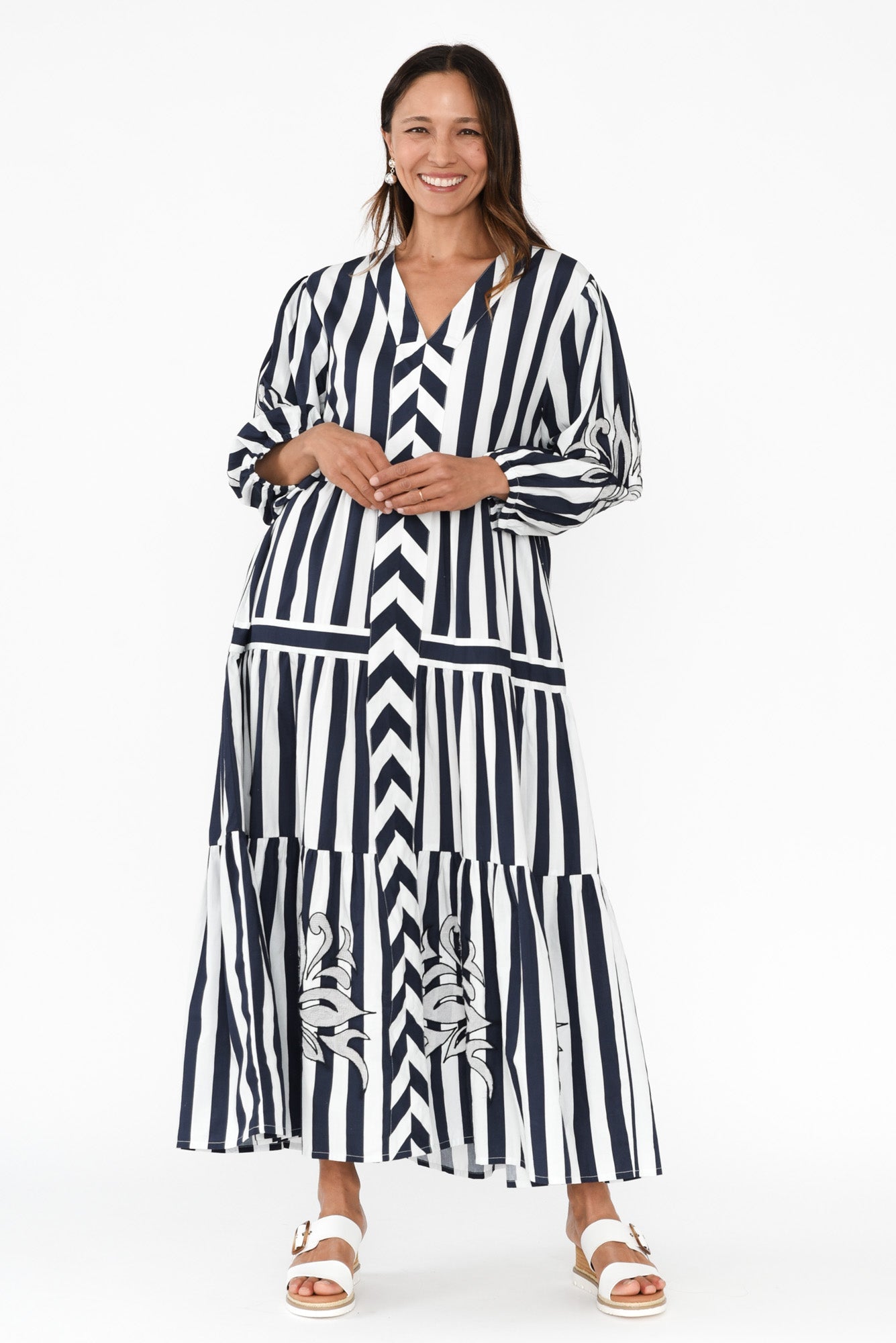 Kora Navy Stripe Cotton Poplin Tie Dress Front View