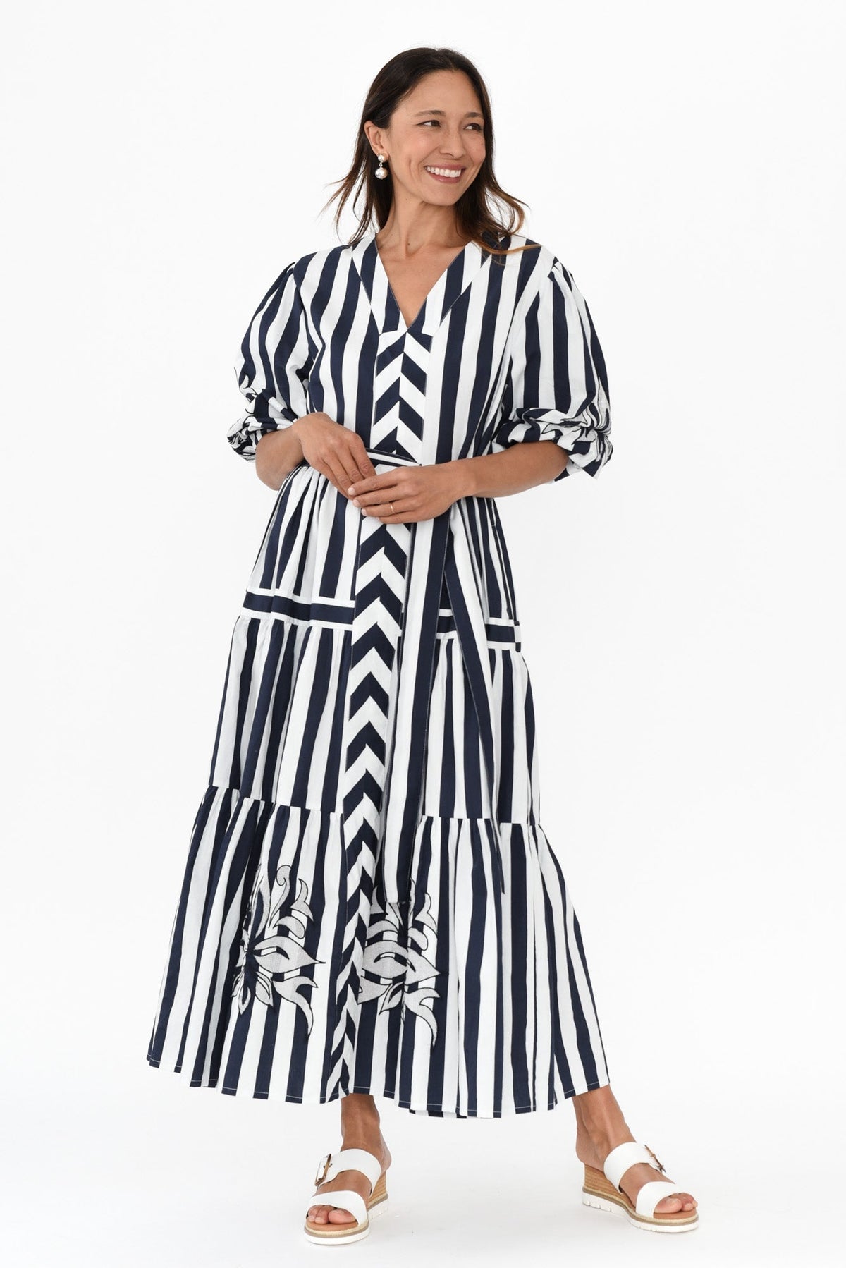 Kora Navy Stripe Cotton Poplin Tie Dress Full Length View