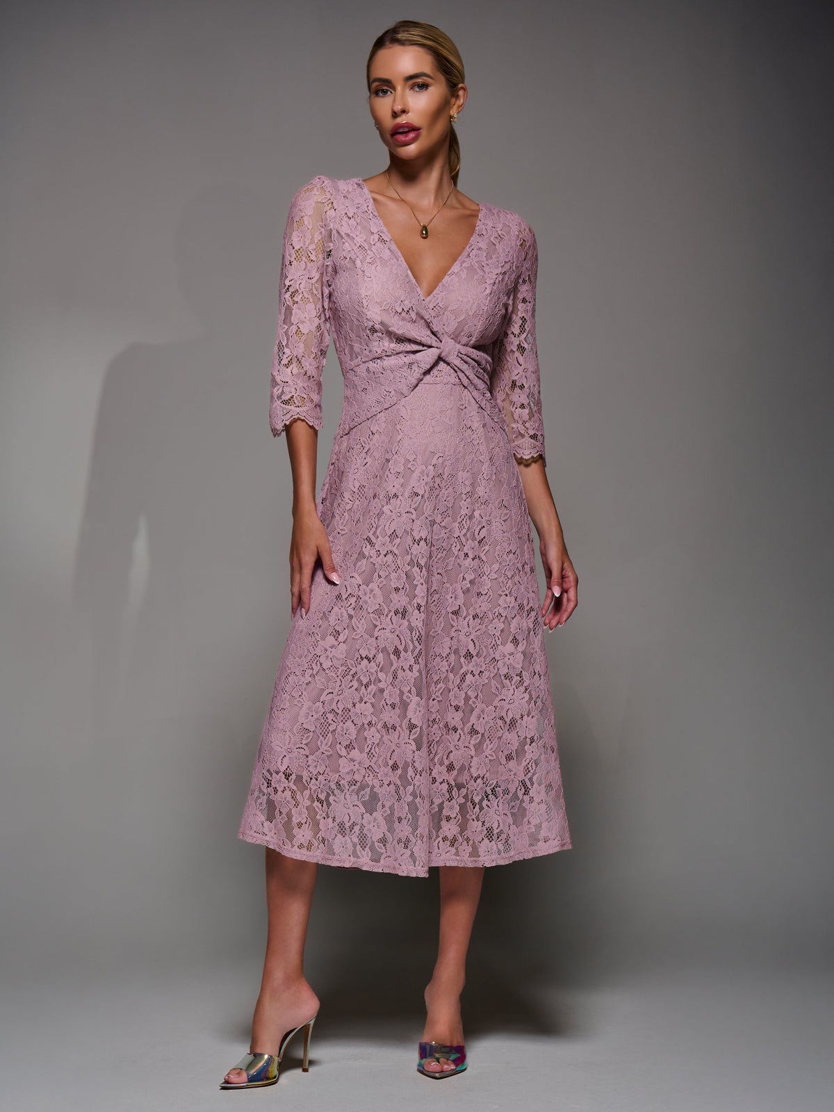 Lace Detail Long Sleeve Midi Dress Styled View