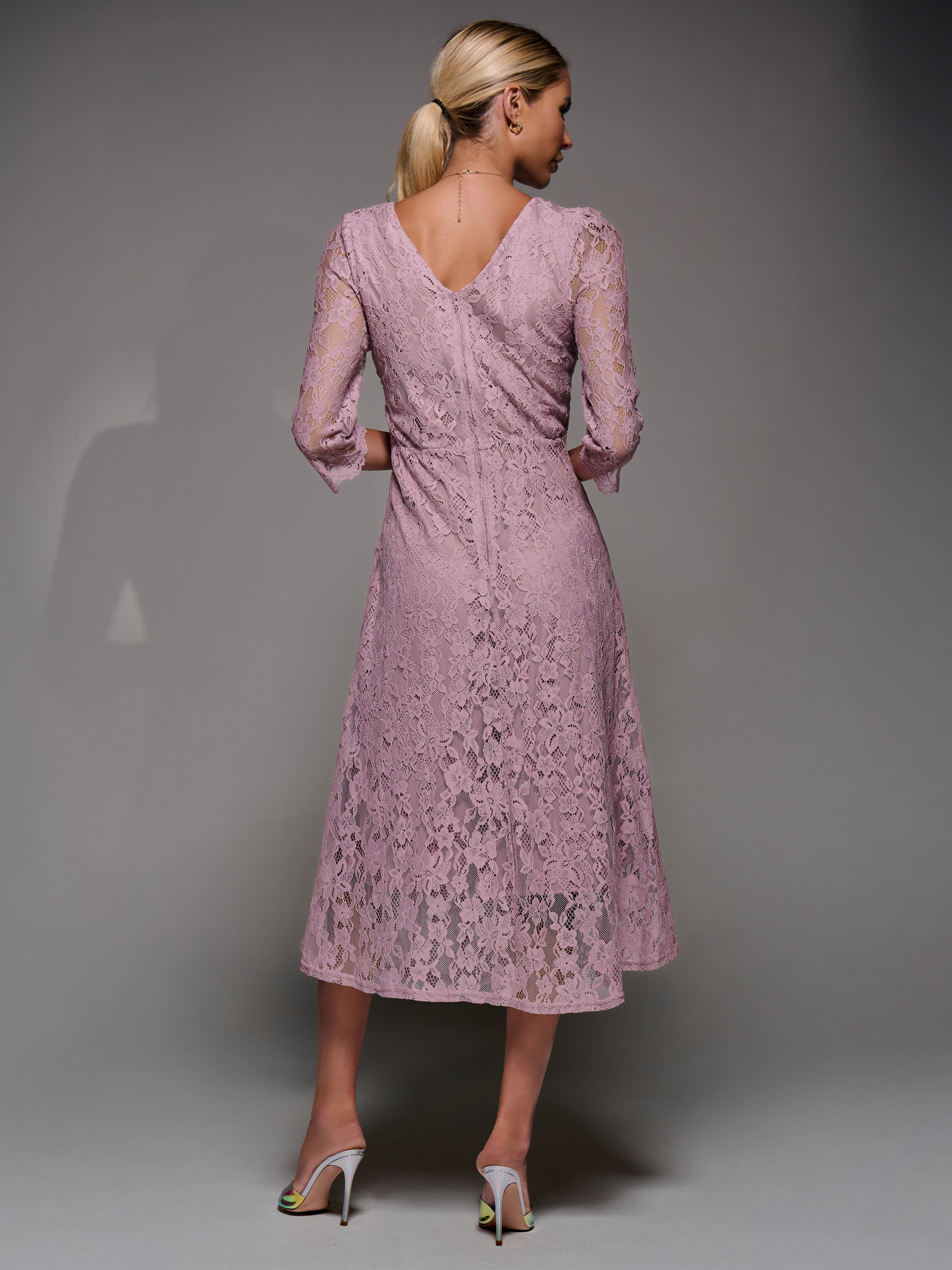 Lace Detail Long Sleeve Midi Dress Back View