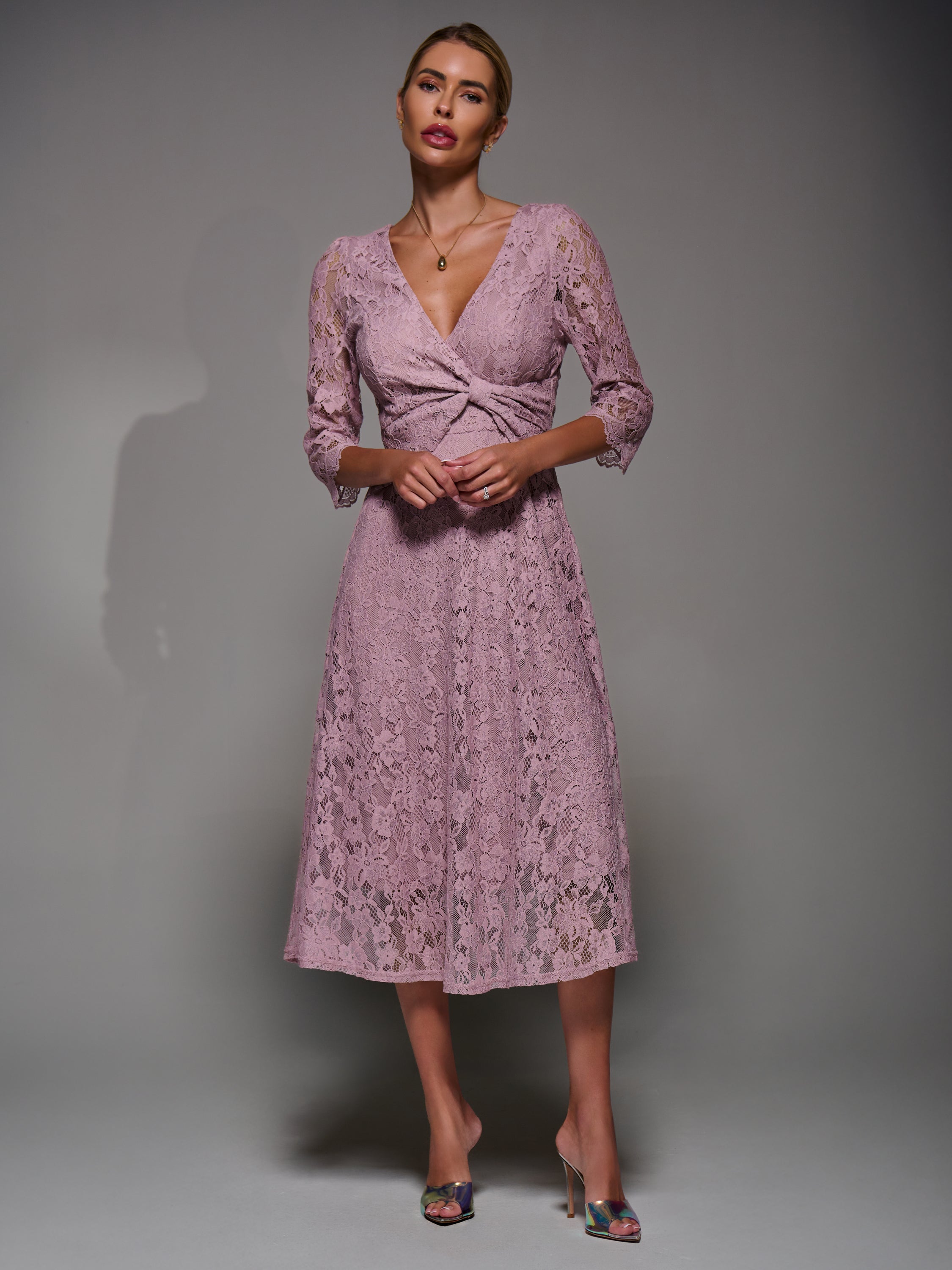 Lace Detail Long Sleeve Midi Dress Front View