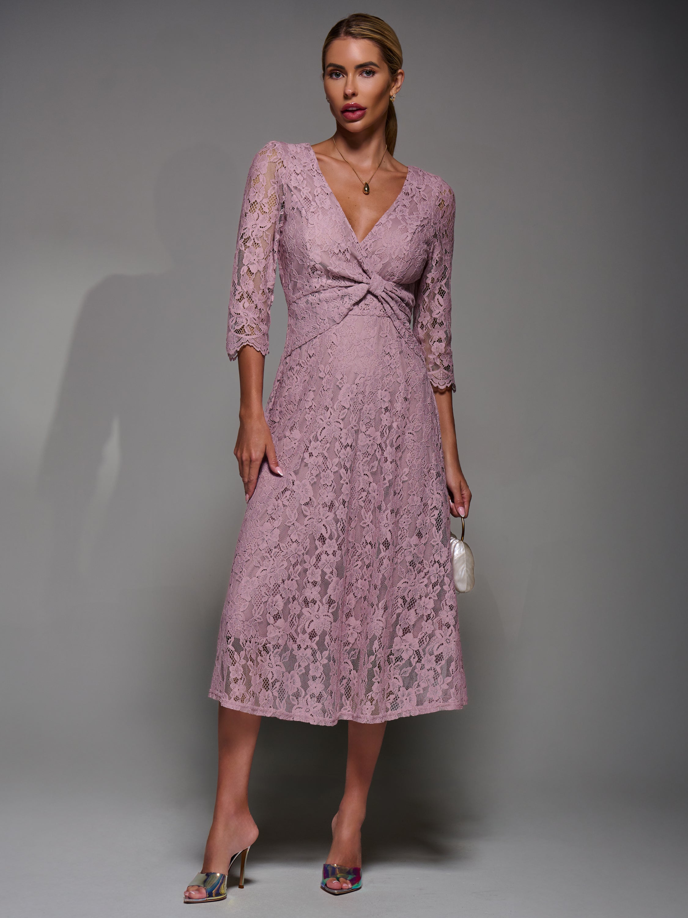 Lace Detail Long Sleeve Midi Dress Full Length View