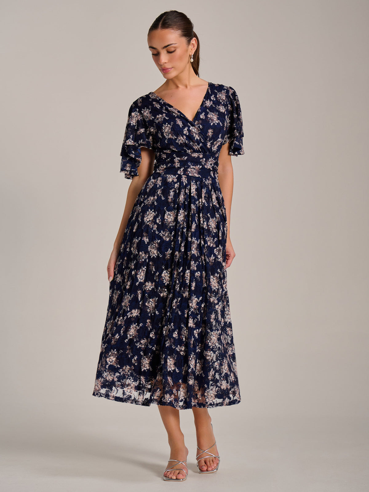 Angel Sleeve Print Lace Maxi Dress Front View