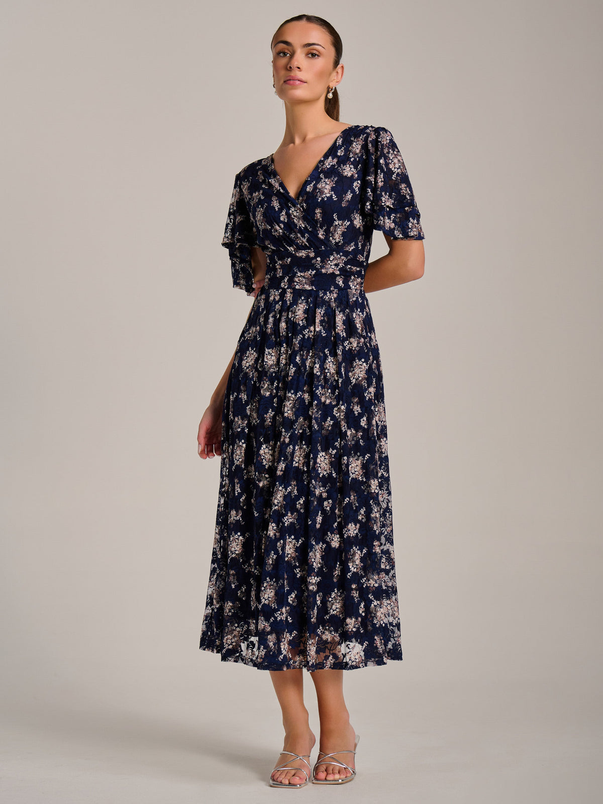 Angel Sleeve Print Lace Maxi Dress Full Length View
