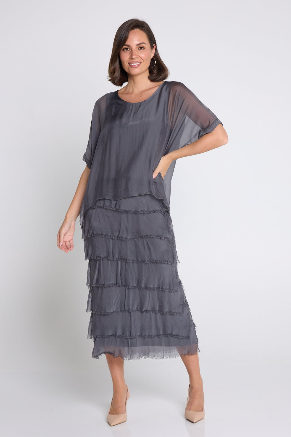 Women's Margo silk blend layered midi dress in Charcoal