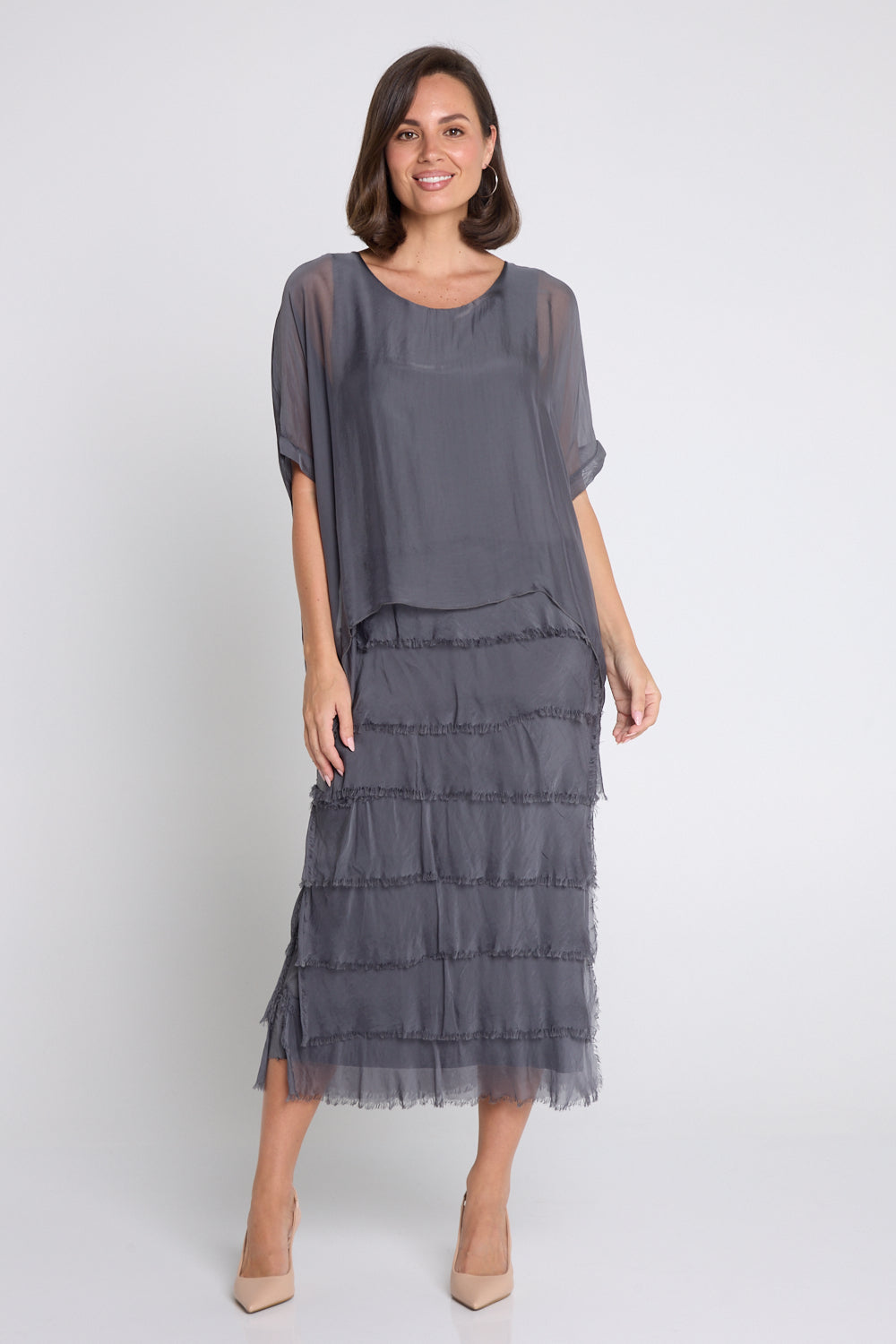 Women's Margo silk blend layered midi dress in Charcoal