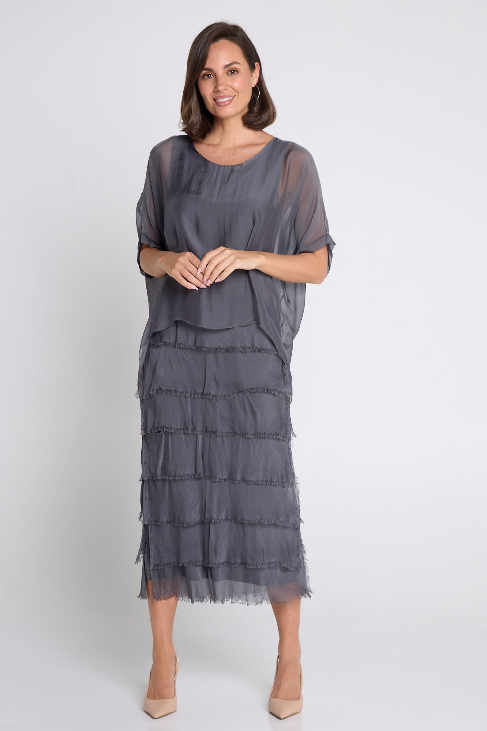 Women's Margo silk blend layered midi dress in Charcoal