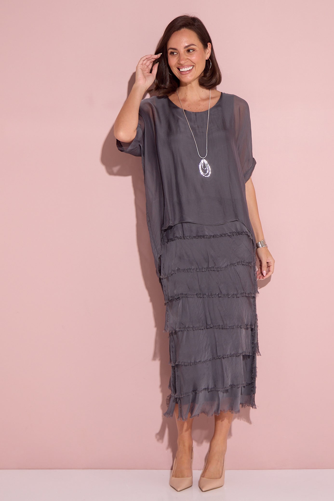Women's Margo silk blend layered midi dress in Charcoal
