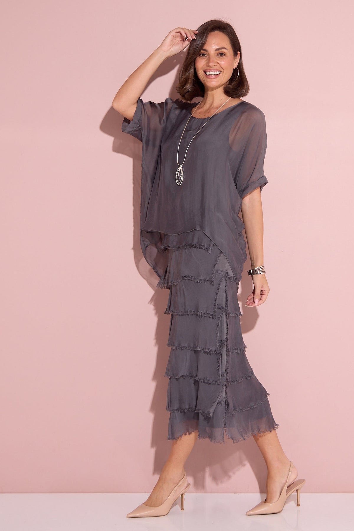 Women's Margo silk blend layered midi dress in Charcoal