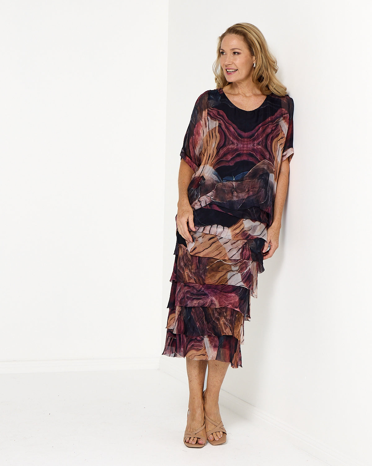 Women's Margo silk blend layered midi dress in Brown Floral