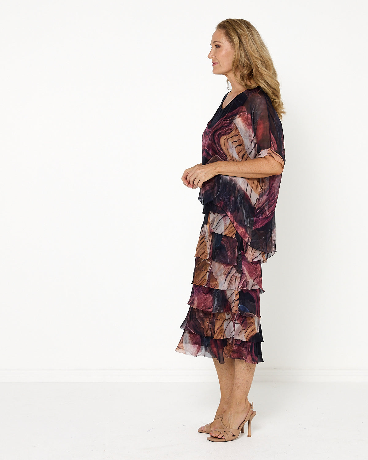 Women's Margo silk blend layered midi dress in Brown Floral
