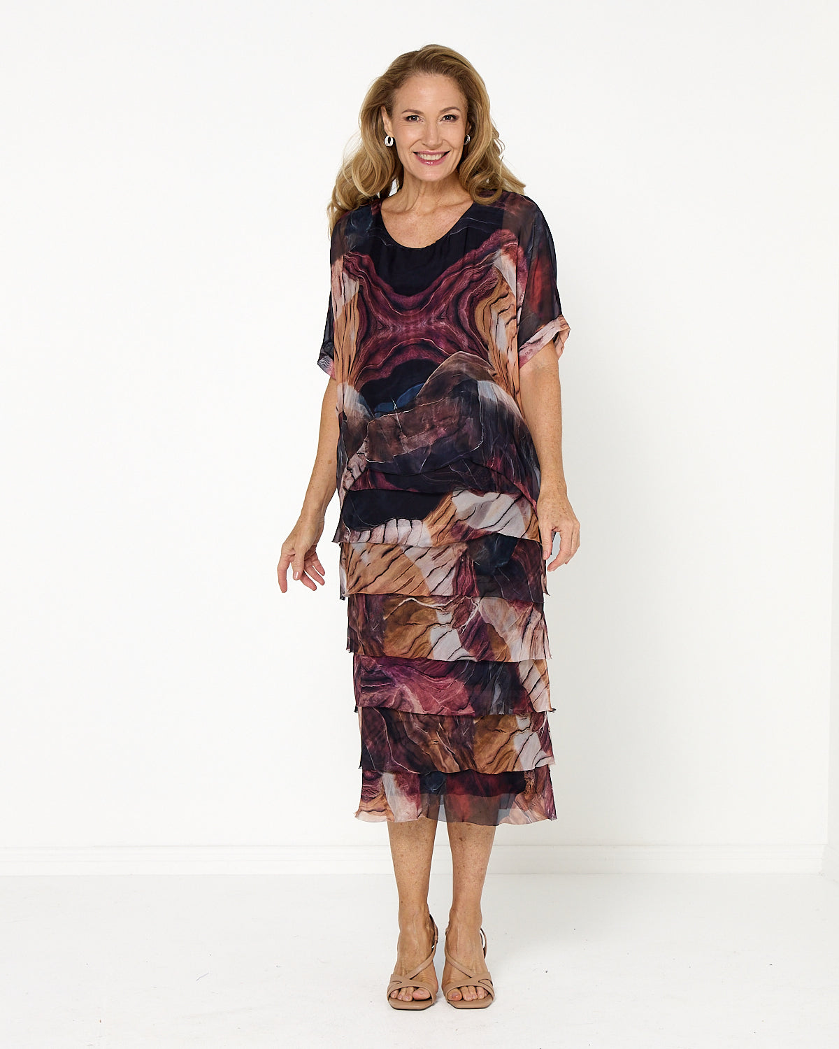 Women's Margo silk blend layered midi dress in Brown Floral