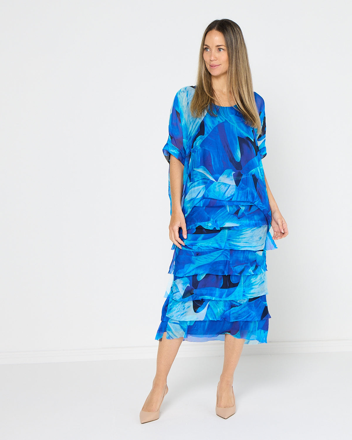 Women's Margo silk blend layered midi dress in Blue Floral