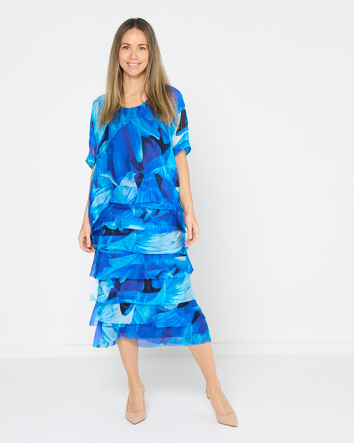 Women's Margo silk blend layered midi dress in Blue Floral