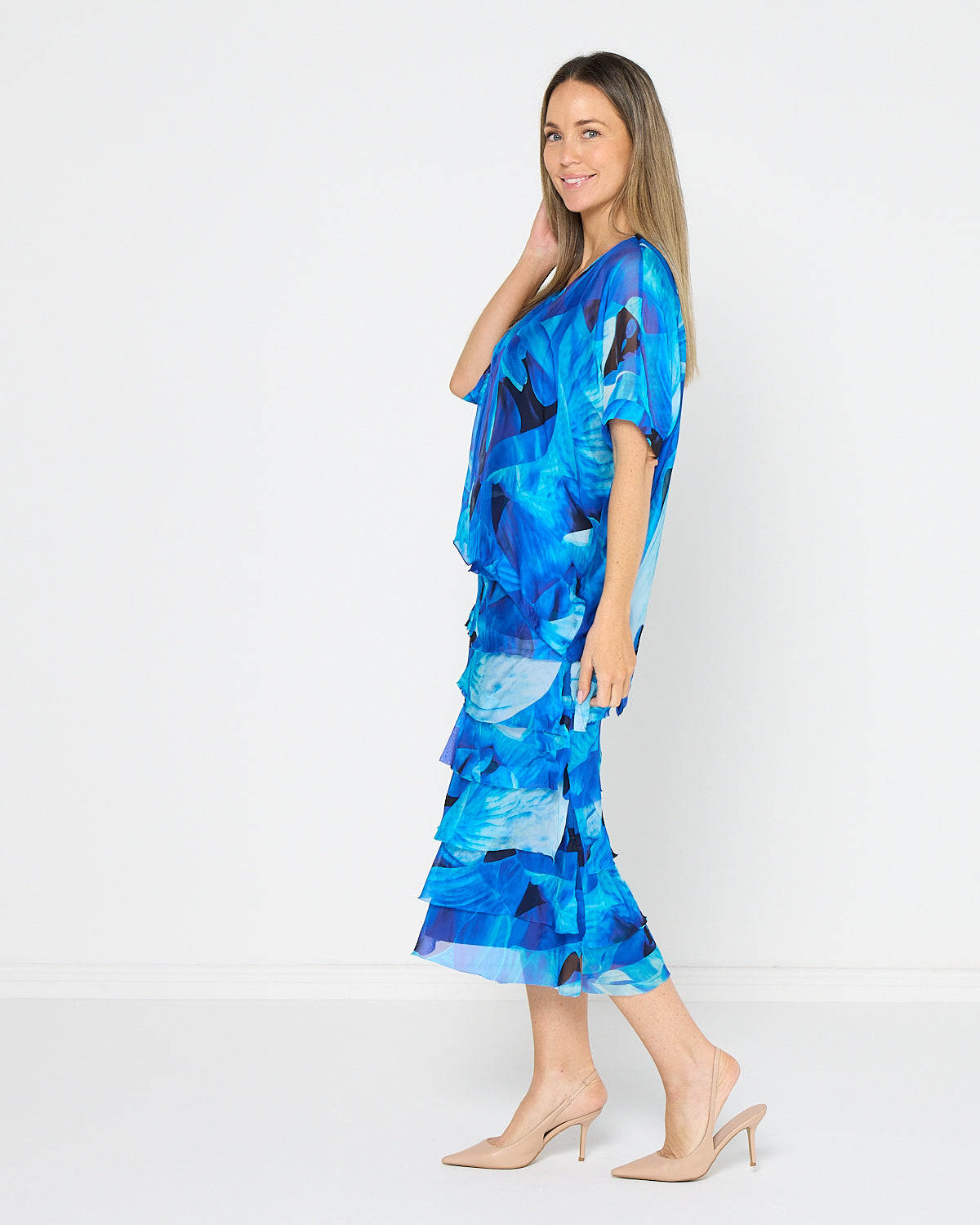 Women's Margo silk blend layered midi dress in Blue Floral