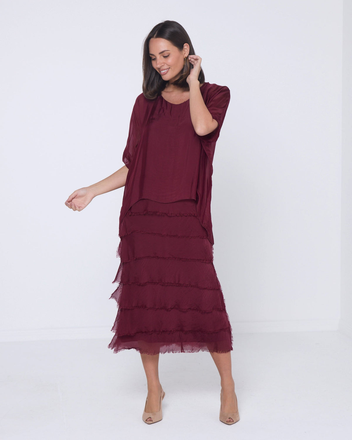 Women's Margo silk blend layered midi dress in Burgundy
