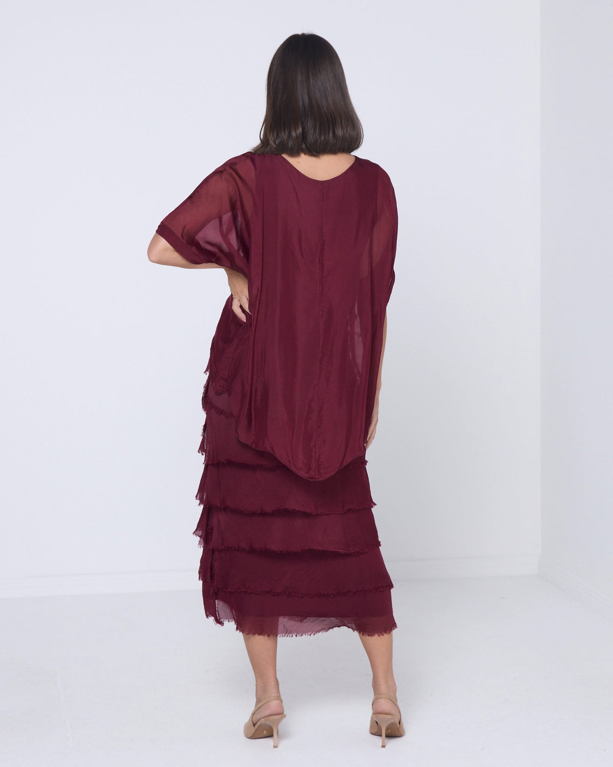 Women's Margo silk blend layered midi dress in Burgundy