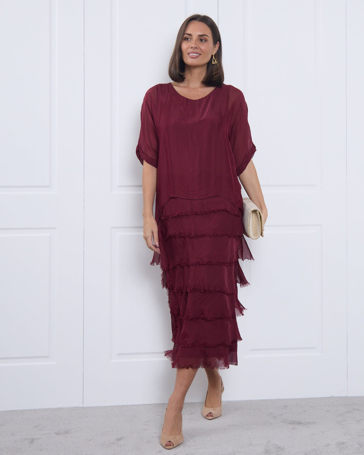 Women's Margo silk blend layered midi dress in Burgundy