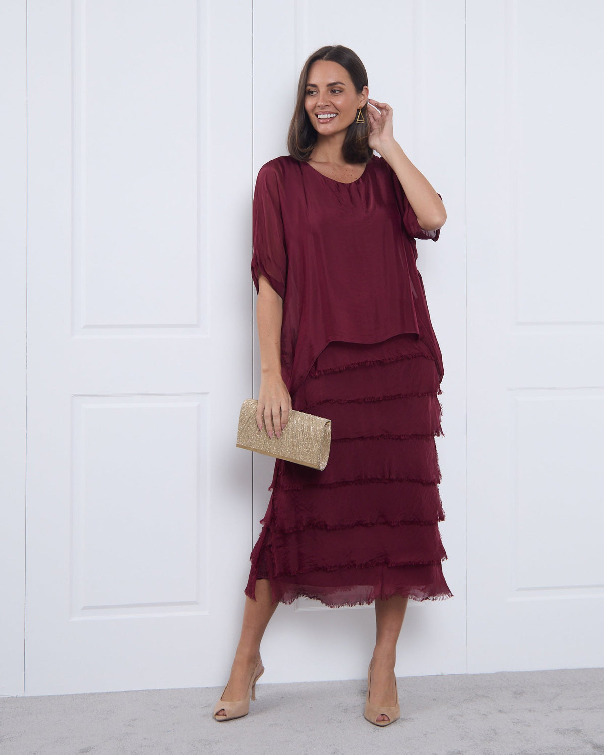 Women's Margo silk blend layered midi dress in Burgundy