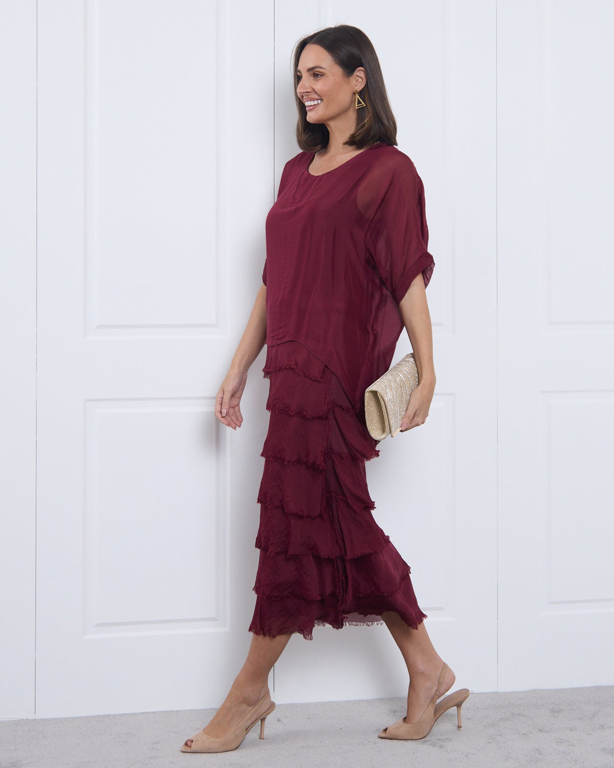 Women's Margo silk blend layered midi dress in Burgundy