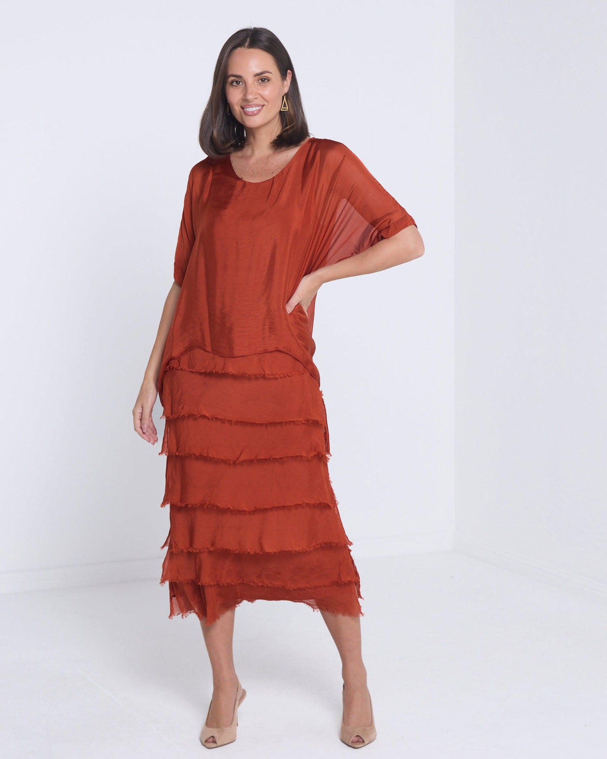Women's Margo silk blend layered midi dress in Rust