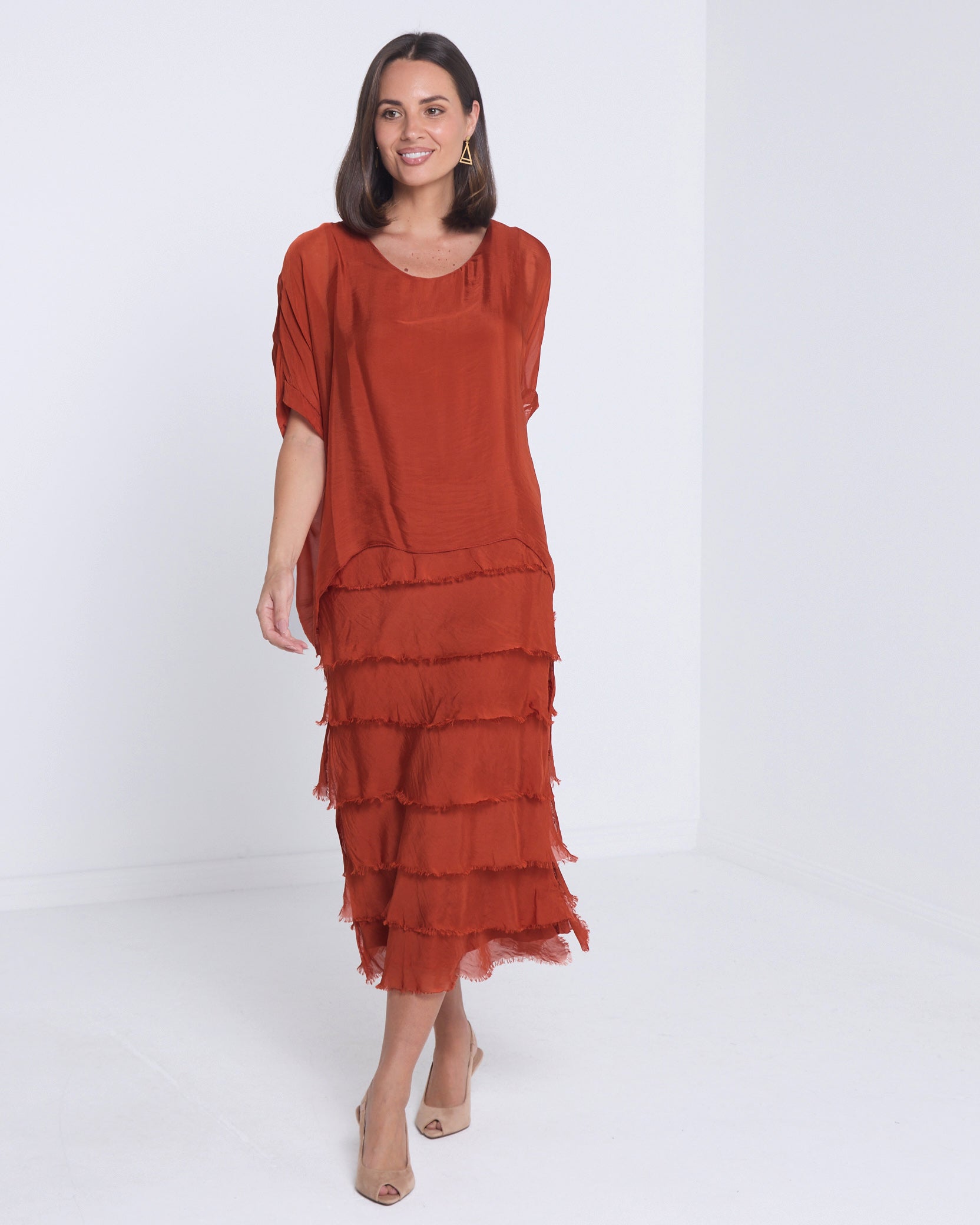 Women's Margo silk blend layered midi dress in Rust