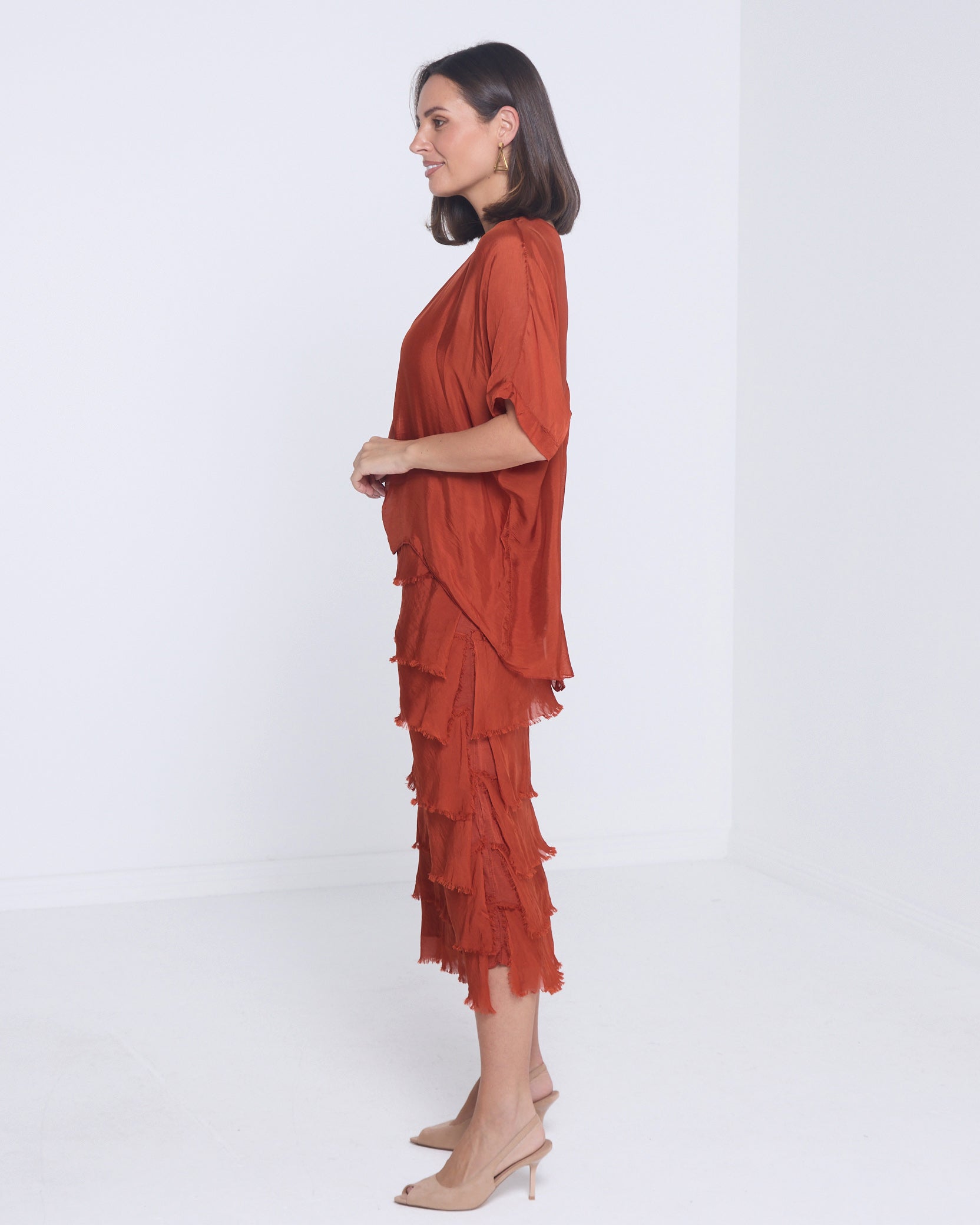 Women's Margo silk blend layered midi dress in Rust