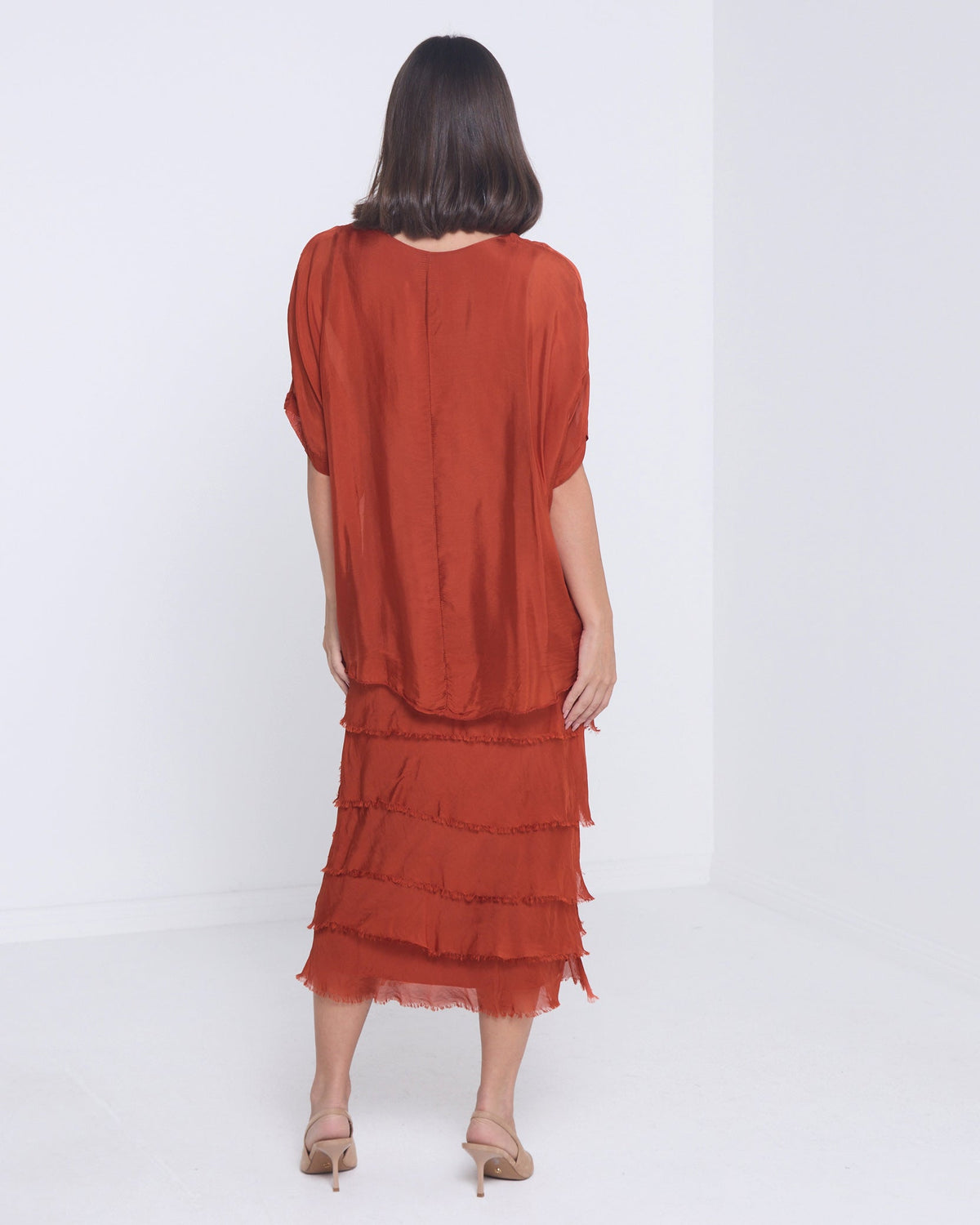 Women's Margo silk blend layered midi dress in Rust