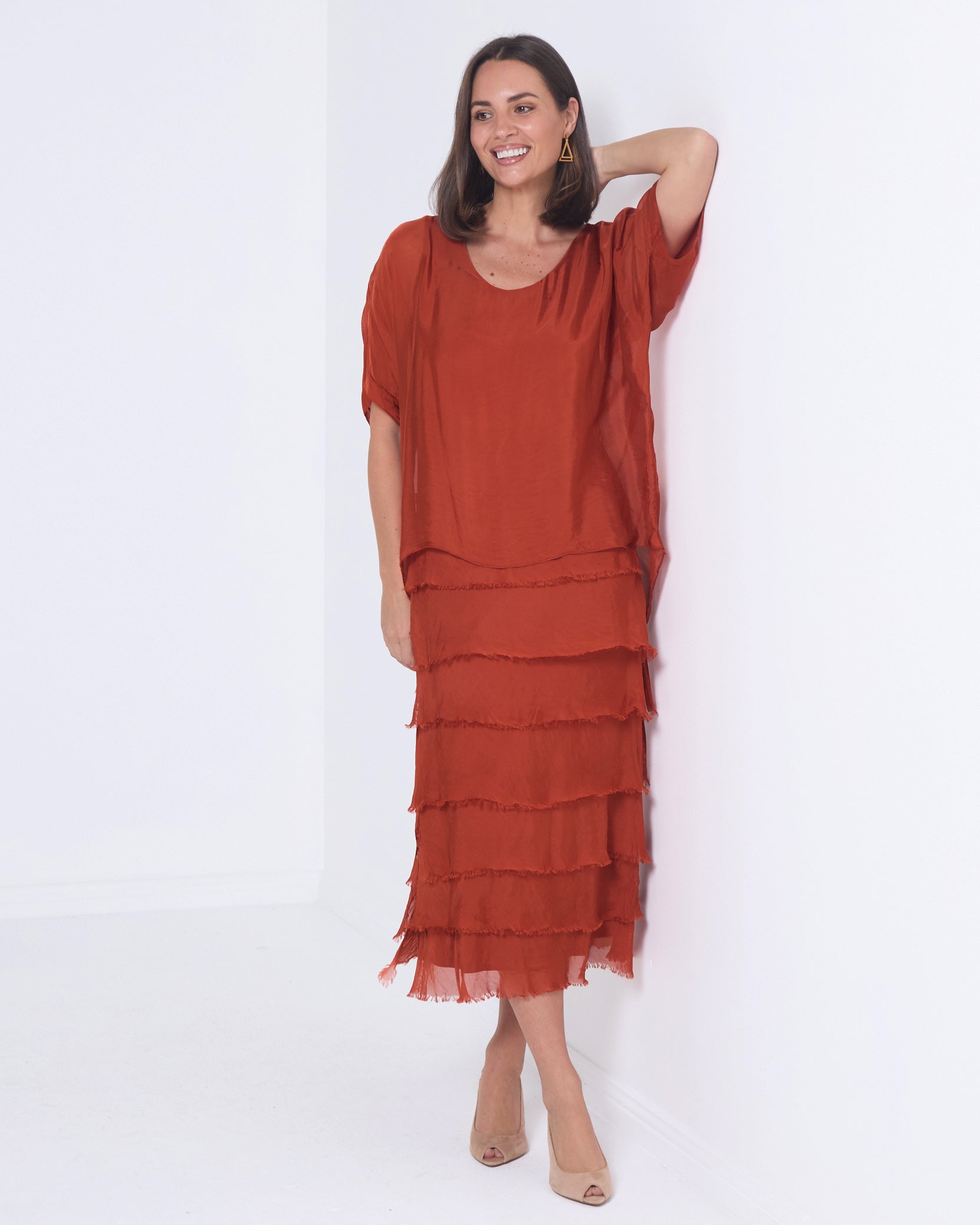 Women's Margo silk blend layered midi dress in Rust