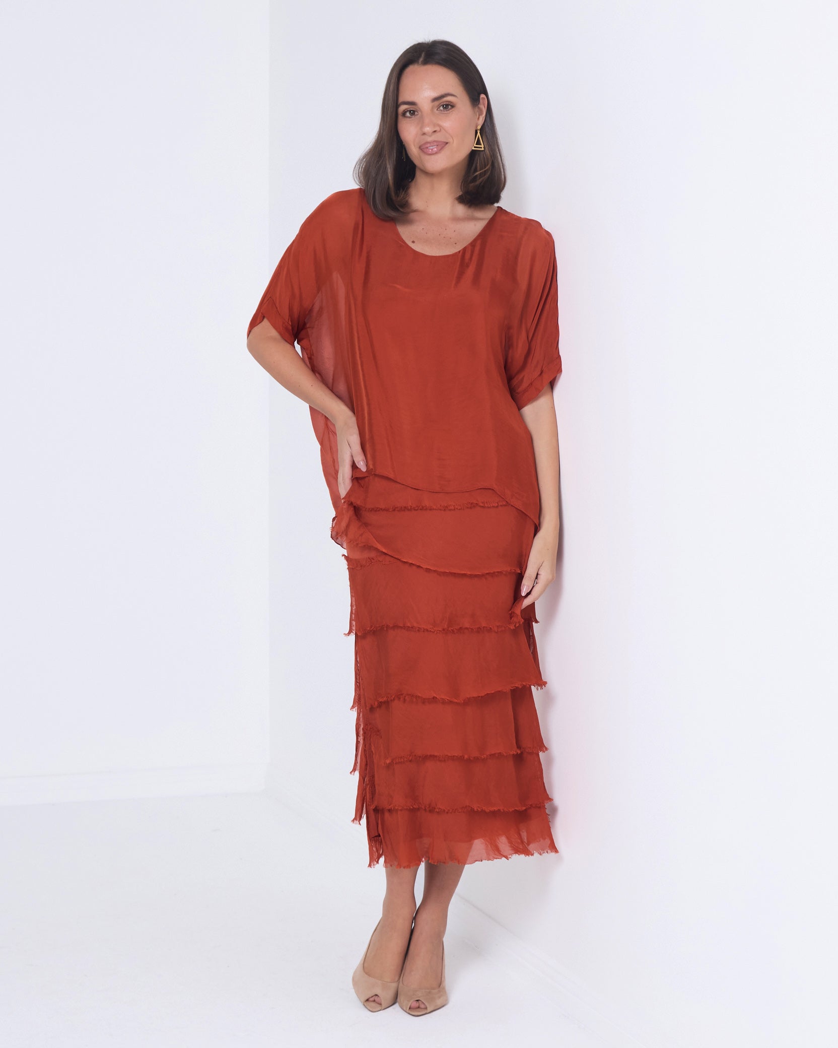 Women's Margo silk blend layered midi dress in Rust
