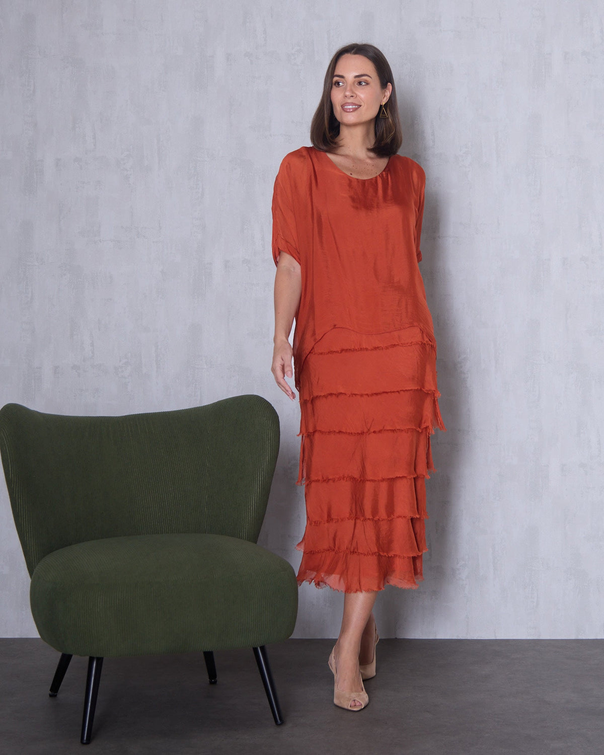 Women's Margo silk blend layered midi dress in Rust