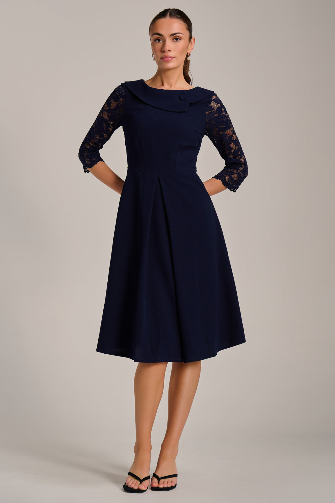 Roll Neck Lace Sleeve Fit & Flare Midi Dress Front View