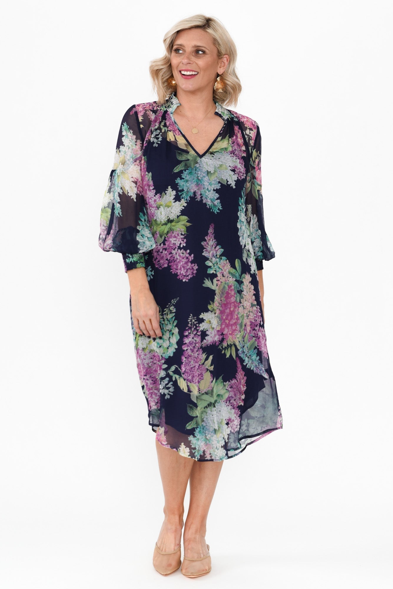 Lane Navy Wisteria Tie Dress Front View 2