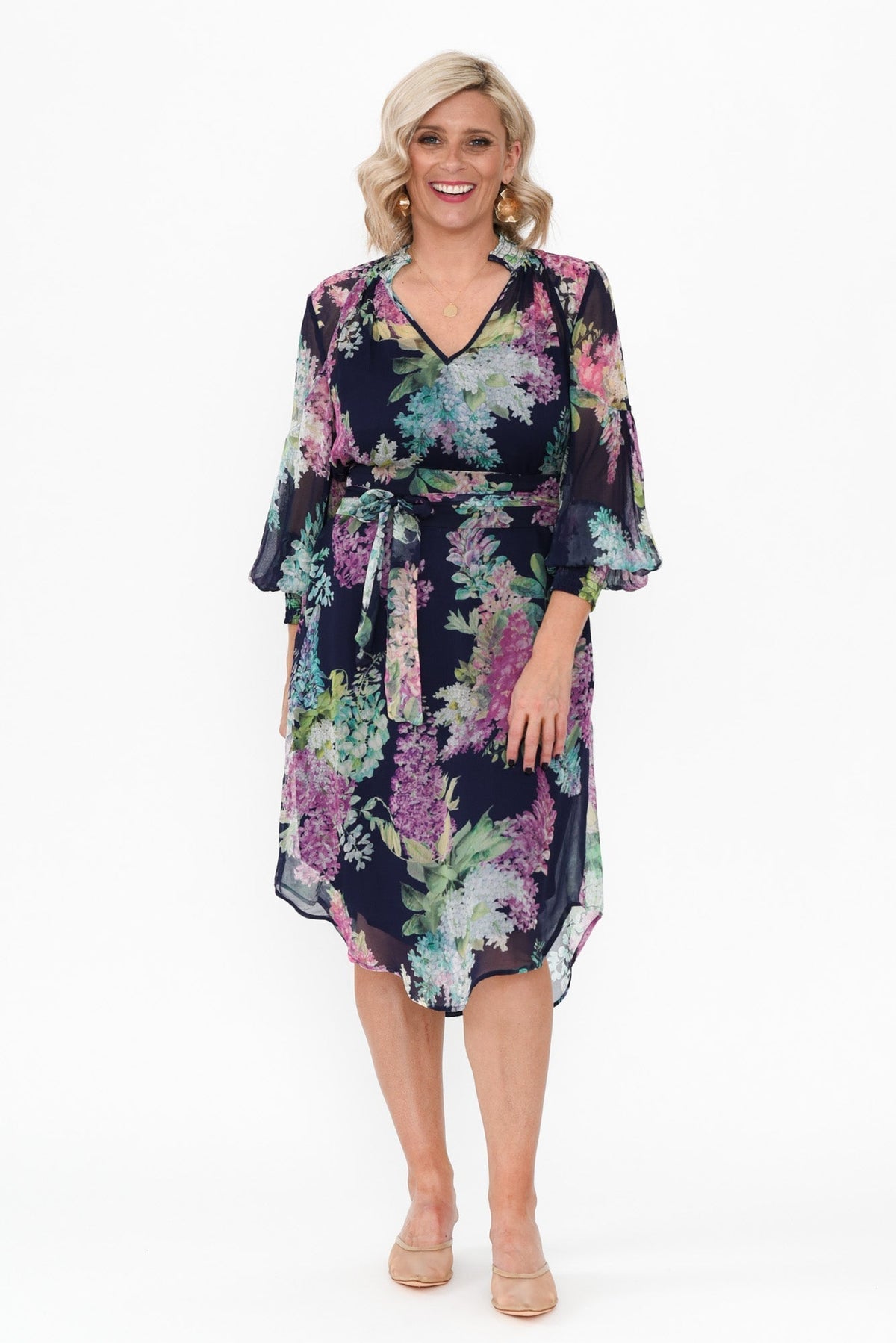 Lane Navy Wisteria Tie Dress Front View