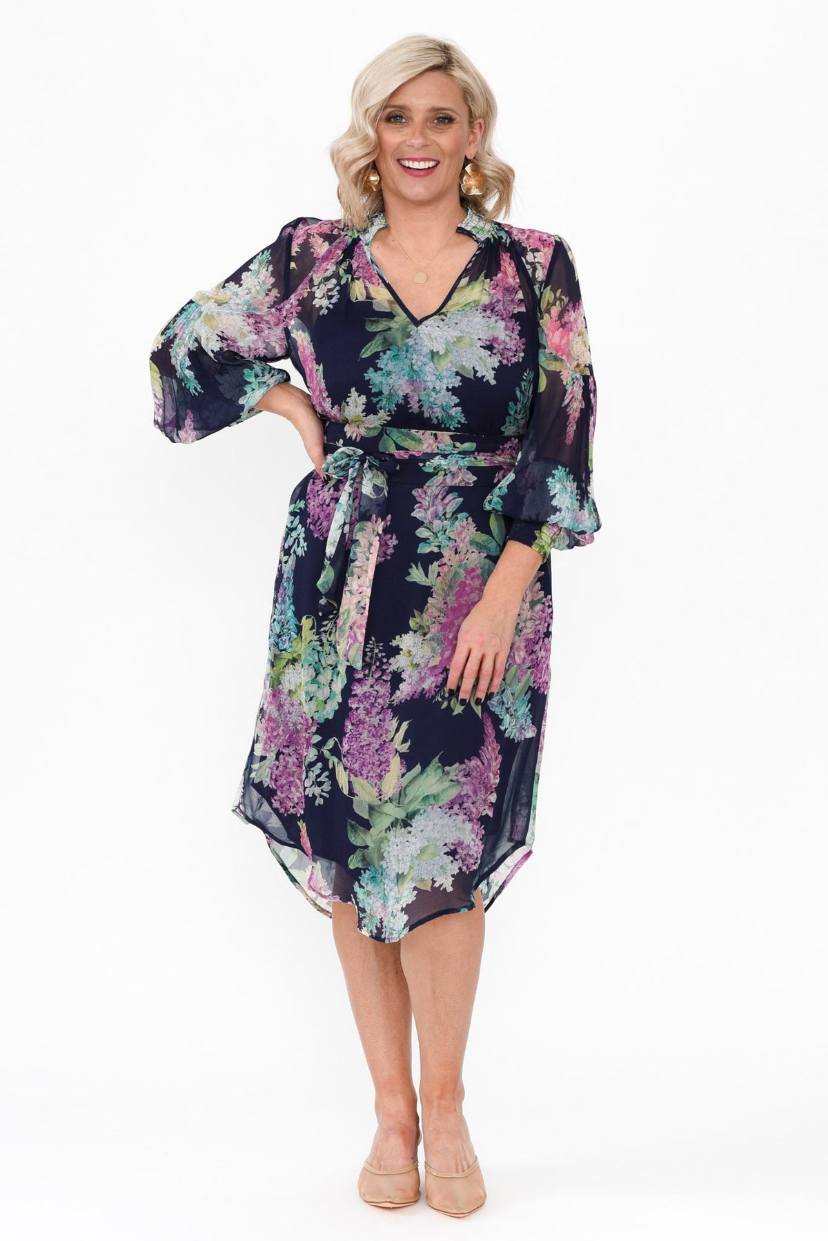 Lane Navy Wisteria Tie Dress Side View 2